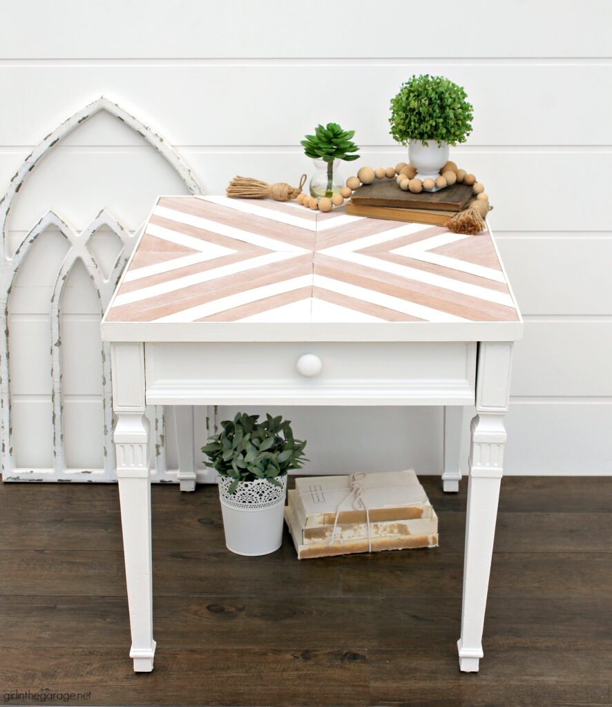 Learn how to make a DIY wood mosaic table top for a stunning furniture makeover. Creative painted furniture ideas by Girl in the Garage