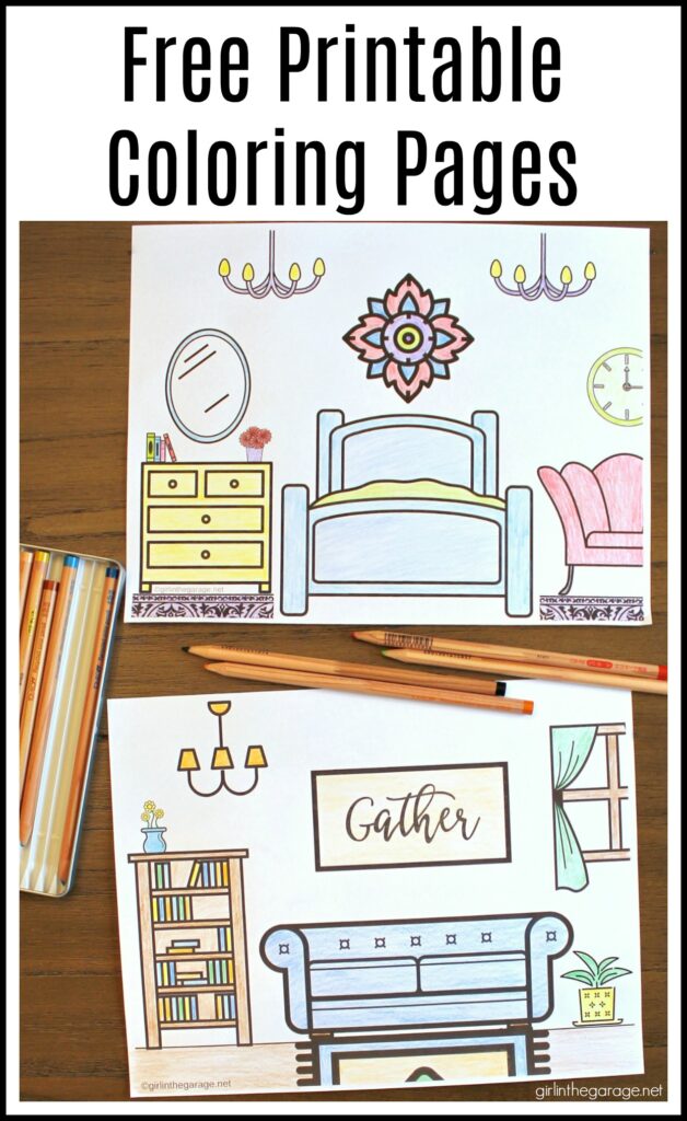 Free printable house coloring pages for adults. Four designs - bedroom, living room, house front door, and farm. By Girl in the Garage