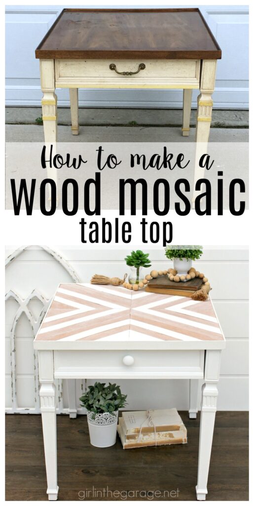 Learn how to make a DIY wood mosaic table top for a stunning furniture makeover. Creative painted furniture ideas by Girl in the Garage