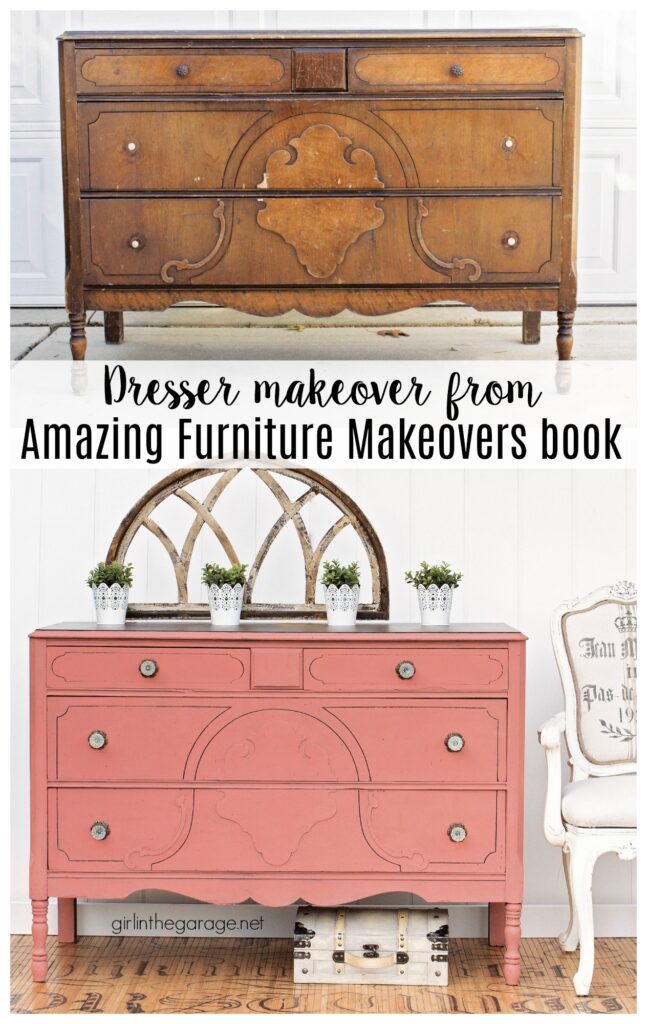 Pink painted dresser from Amazing Furniture Makeovers book by Girl in the Garage