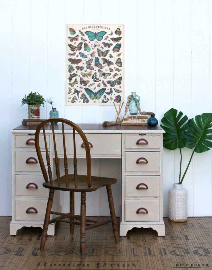 Transform a boring desk with Chalk Paint and new hardware. Learn how to Chalk Paint a wood desk. DIY painted furniture ideas by Girl in the Garage