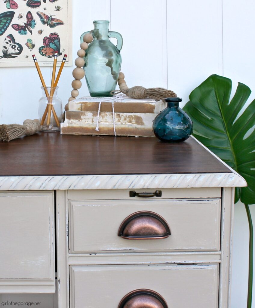 Transform a boring desk with Chalk Paint and new hardware. Learn how to Chalk Paint a wood desk. DIY painted furniture ideas by Girl in the Garage