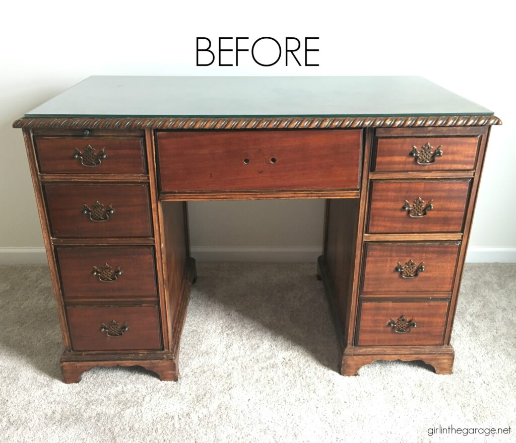 Transform a plain desk with Chalk Paint and new hardware. Learn how to Chalk Paint a wood desk. DIY painted furniture ideas by Girl in the Garage