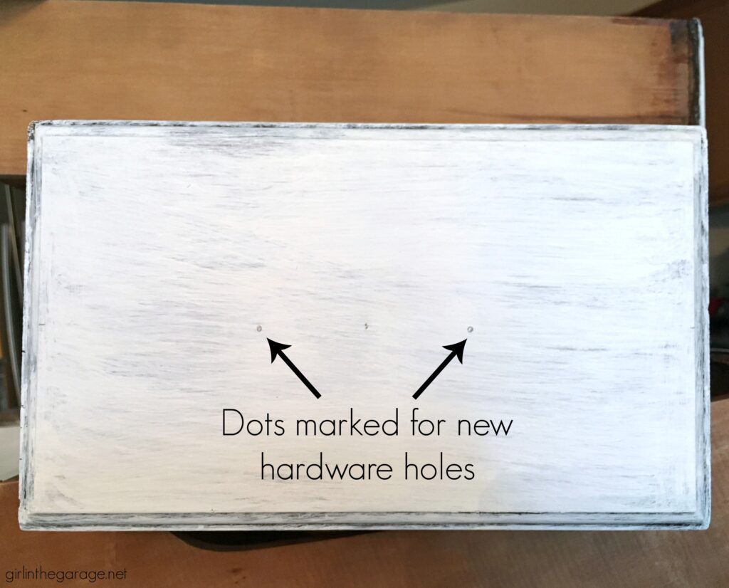 How to measure and drill new holes for drawer hardware. DIY painted furniture ideas by Girl in the Garage