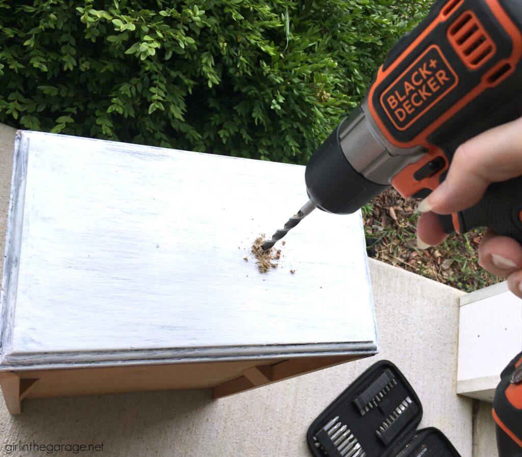 How to measure and drill new holes for drawer hardware. DIY painted furniture ideas by Girl in the Garage