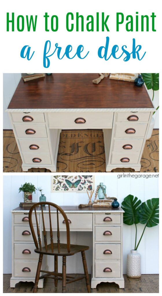 Transform a boring desk with Chalk Paint and new hardware. Learn how to Chalk Paint a wood desk. DIY painted furniture ideas by Girl in the Garage