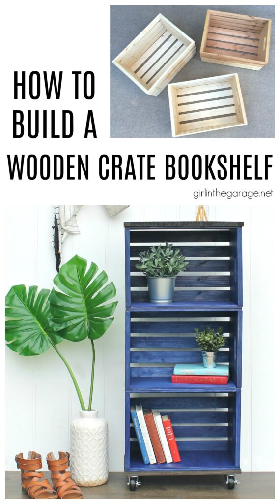 How to build a wooden crate bookshelf and properly prepare, stain, and protect it with Minwax products. DIY makeover ideas by Girl in the Garage. #ad