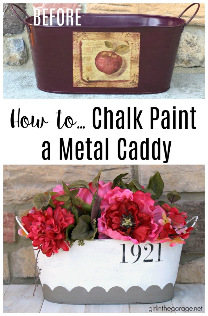 How to Chalk Paint a Thrifted Metal Caddy. Save money with these clever thrifted home decor ideas by Girl in the Garage