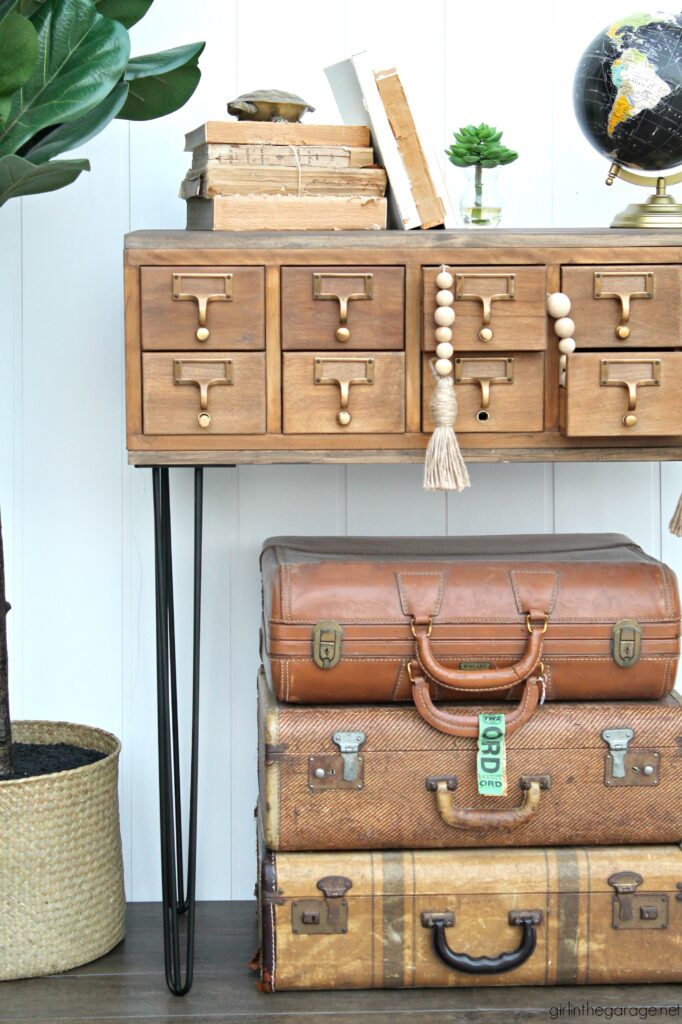 Learn how to stain wood in this refinished card catalog tutorial with Minwax products. #ad DIY makeover ideas by Girl in the Garage