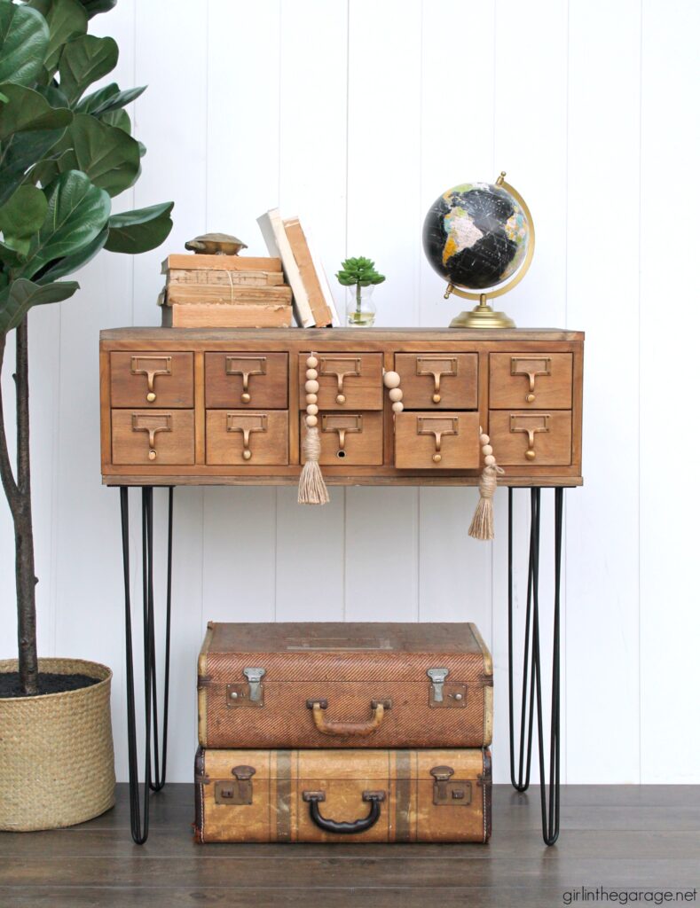 Learn how to stain wood in this refinished card catalog tutorial with Minwax products. #ad DIY makeover ideas by Girl in the Garage