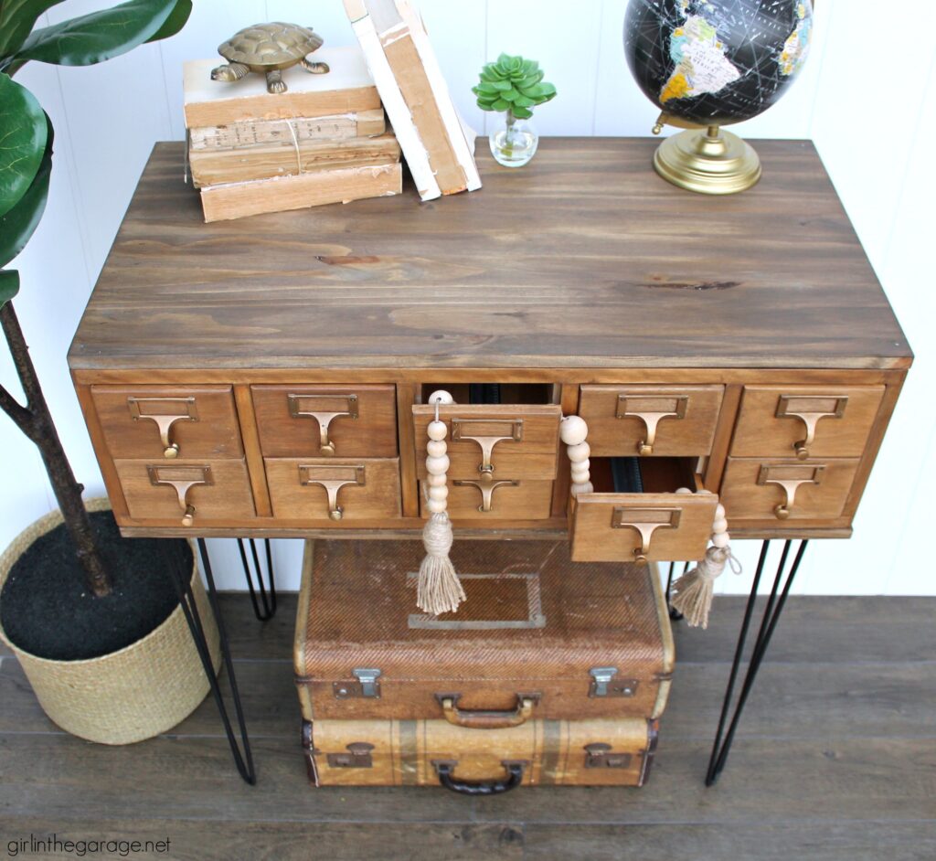 Learn how to stain wood in this refinished card catalog tutorial with Minwax products. #ad DIY makeover ideas by Girl in the Garage