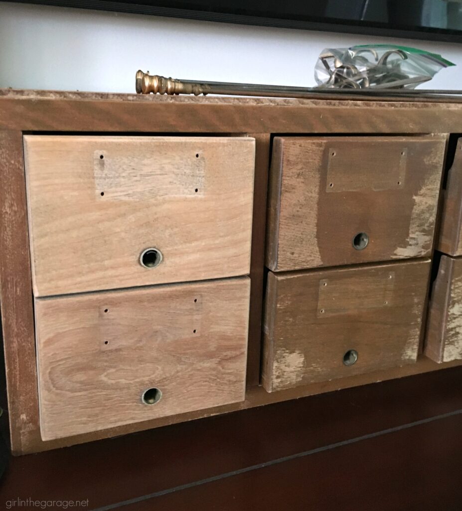 Learn how to stain wood in this refinished card catalog tutorial with Minwax products. #ad DIY makeover ideas by Girl in the Garage