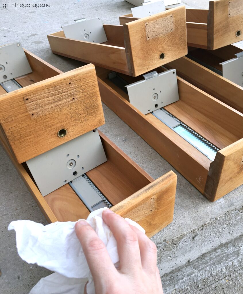 Learn how to stain wood in this refinished card catalog tutorial with Minwax products. #ad DIY makeover ideas by Girl in the Garage