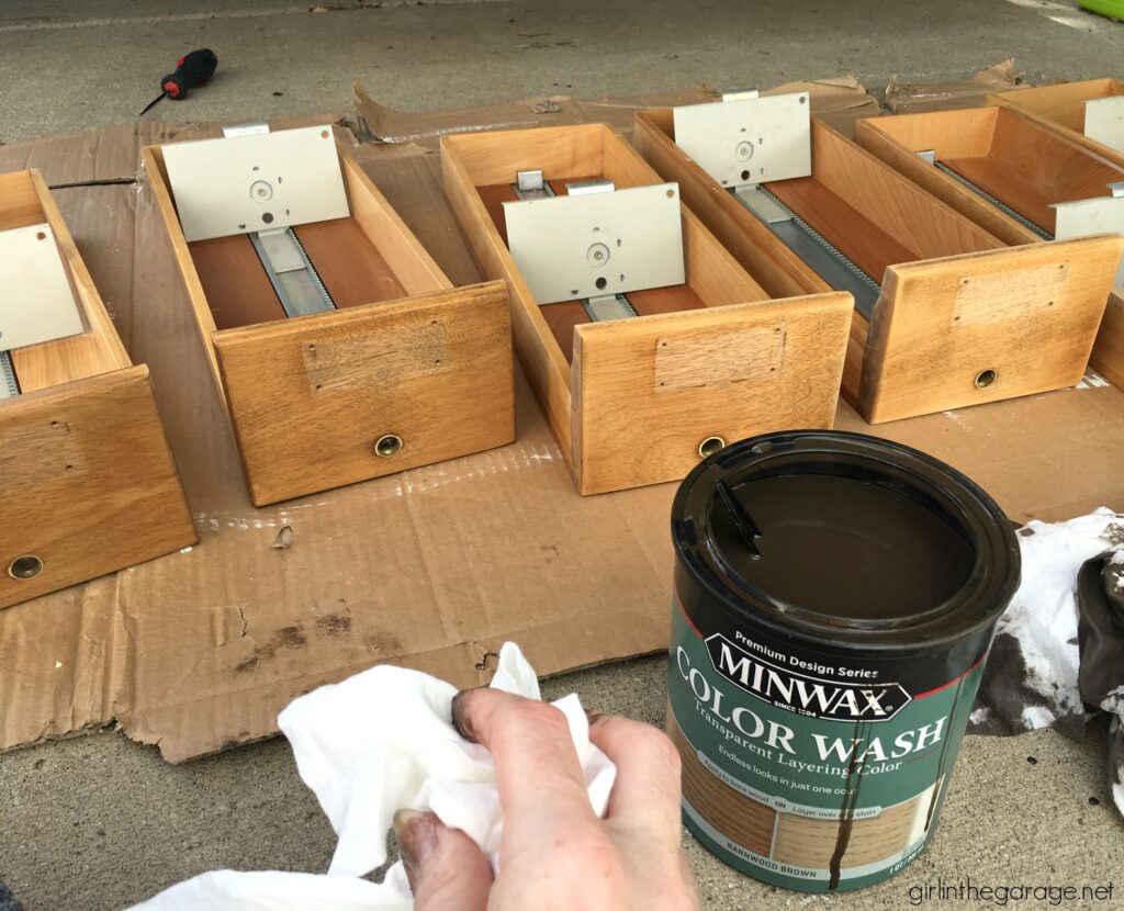 Learn how to stain wood in this refinished card catalog tutorial with Minwax products. #ad DIY makeover ideas by Girl in the Garage