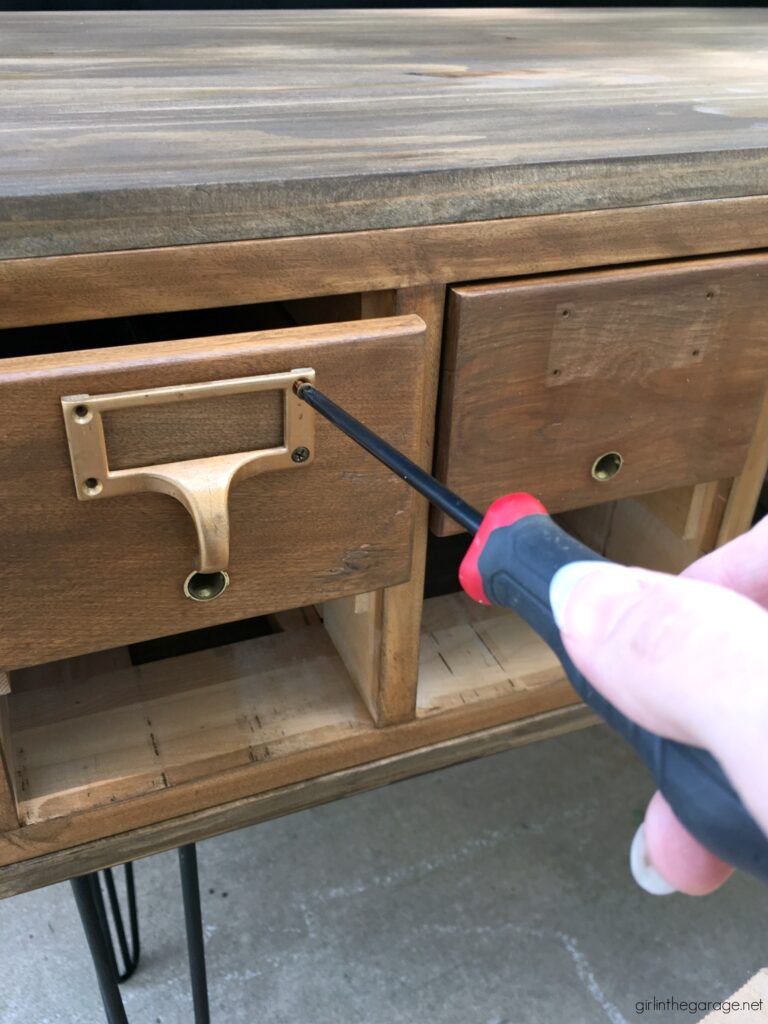 Learn how to stain wood in this refinished card catalog tutorial with Minwax products. #ad DIY makeover ideas by Girl in the Garage