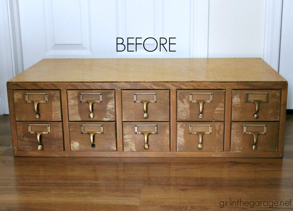 Learn how to stain wood in this refinished card catalog tutorial with Minwax products. #ad DIY makeover ideas by Girl in the Garage