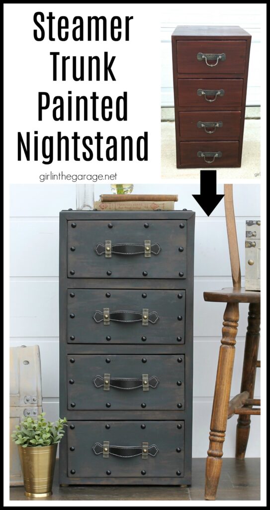 Create an antique steamer trunk with Chalk Paint and decorative accessories - this vintage trunk nightstand is stunning industrial decor. By Girl in the Garage