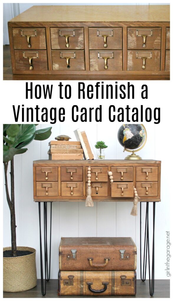 Learn how to stain wood in this refinished card catalog tutorial with Minwax products. #ad DIY makeover ideas by Girl in the Garage