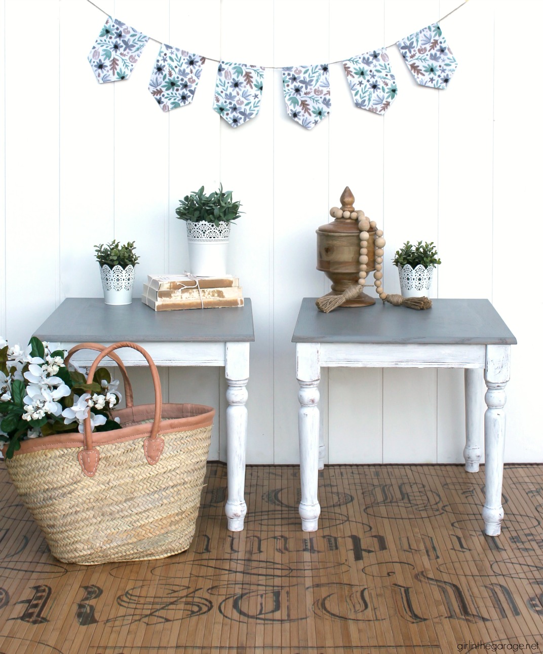 Create a charming modern farmhouse finish with Minwax Wood Finish Semi-Transparent Color Stain on these stained and painted side tables. DIY makeover ideas by Girl in the Garage