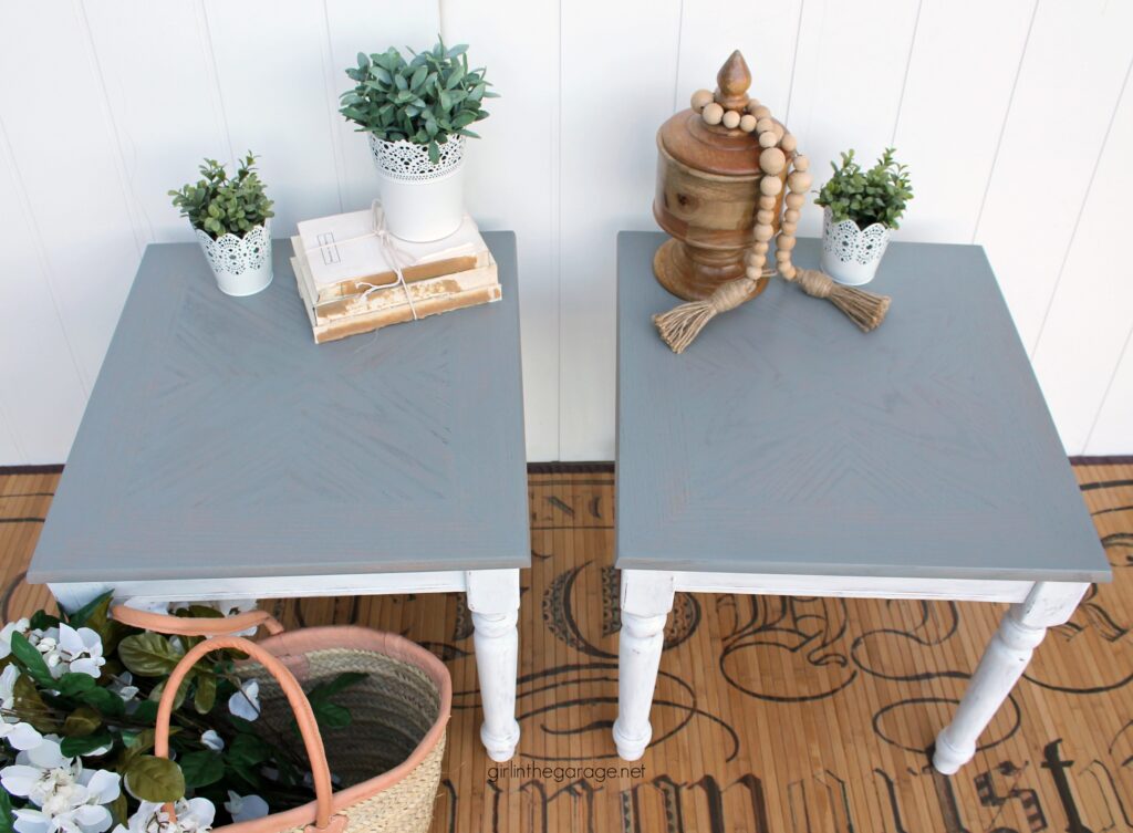 Create a charming modern farmhouse finish with Minwax Wood Finish Semi-Transparent Color Stain on these stained and painted side tables. DIY makeover ideas by Girl in the Garage