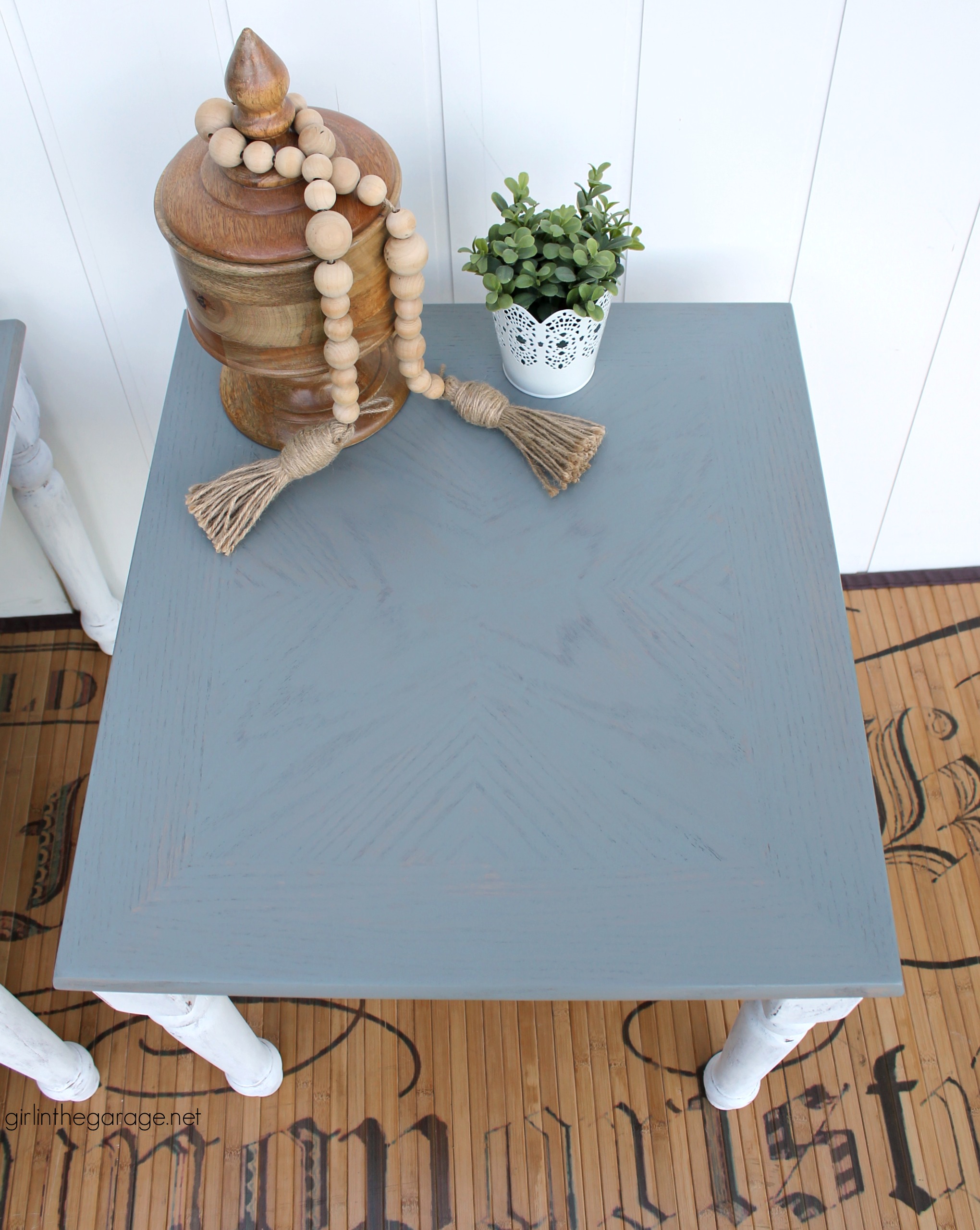 Create a charming modern farmhouse finish with Minwax Wood Finish Semi-Transparent Color Stain on these stained and painted side tables. DIY makeover ideas by Girl in the Garage