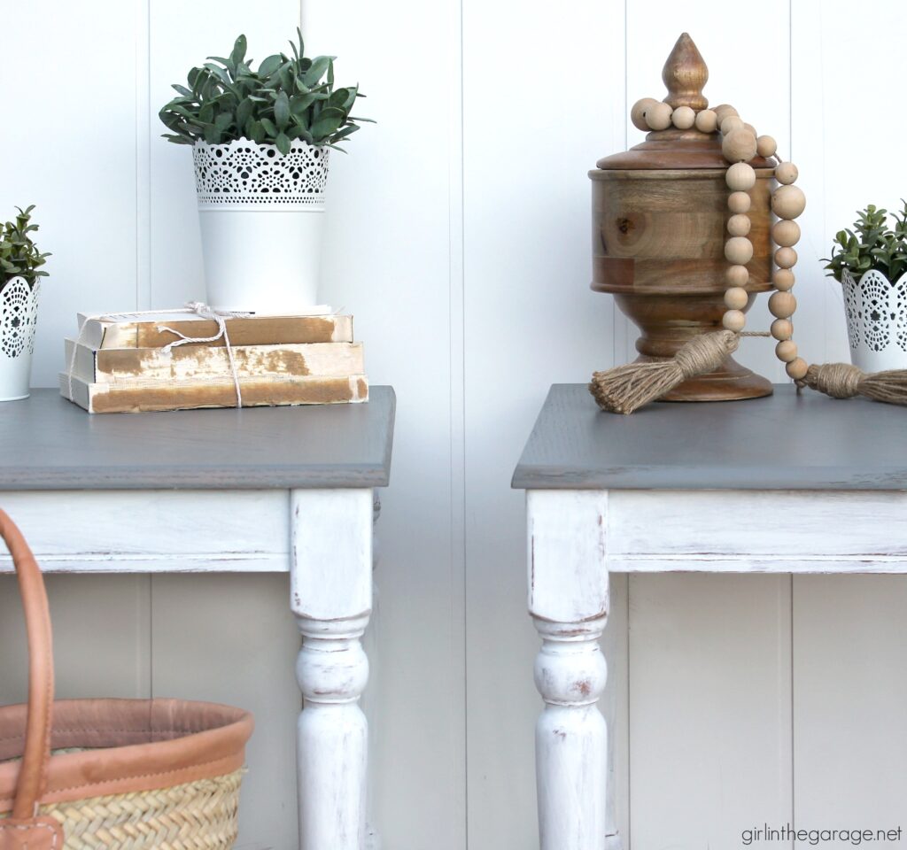 Create a charming modern farmhouse finish with Minwax Wood Finish Semi-Transparent Color Stain on these stained and painted side tables. DIY makeover ideas by Girl in the Garage