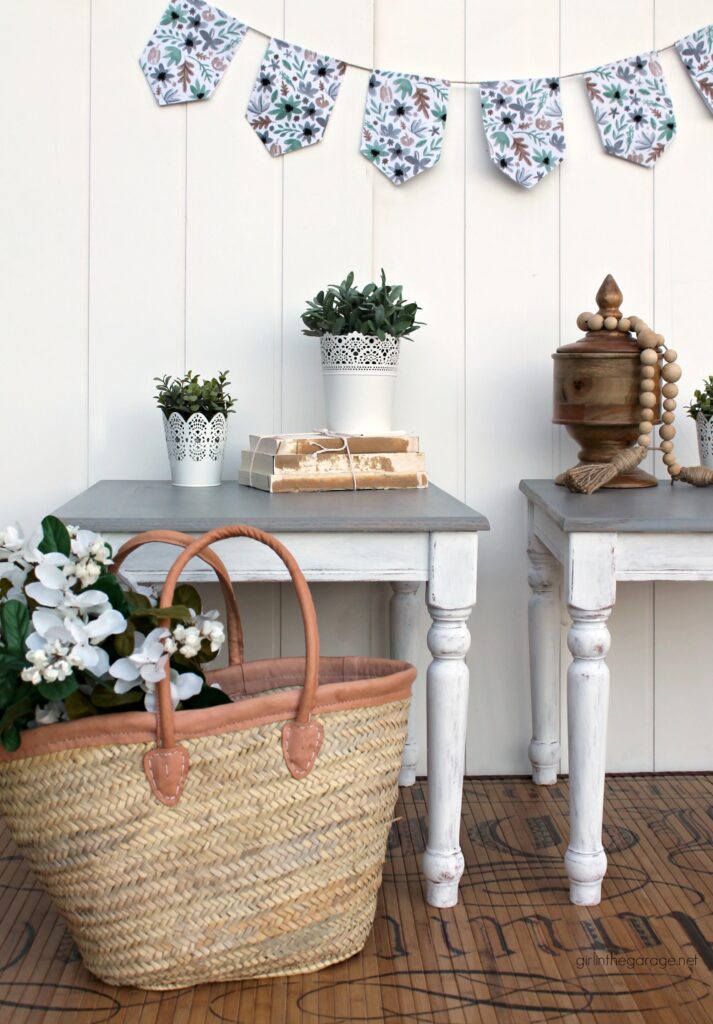 Create a charming modern farmhouse finish with Minwax Wood Finish Semi-Transparent Color Stain on these stained and painted side tables. DIY makeover ideas by Girl in the Garage