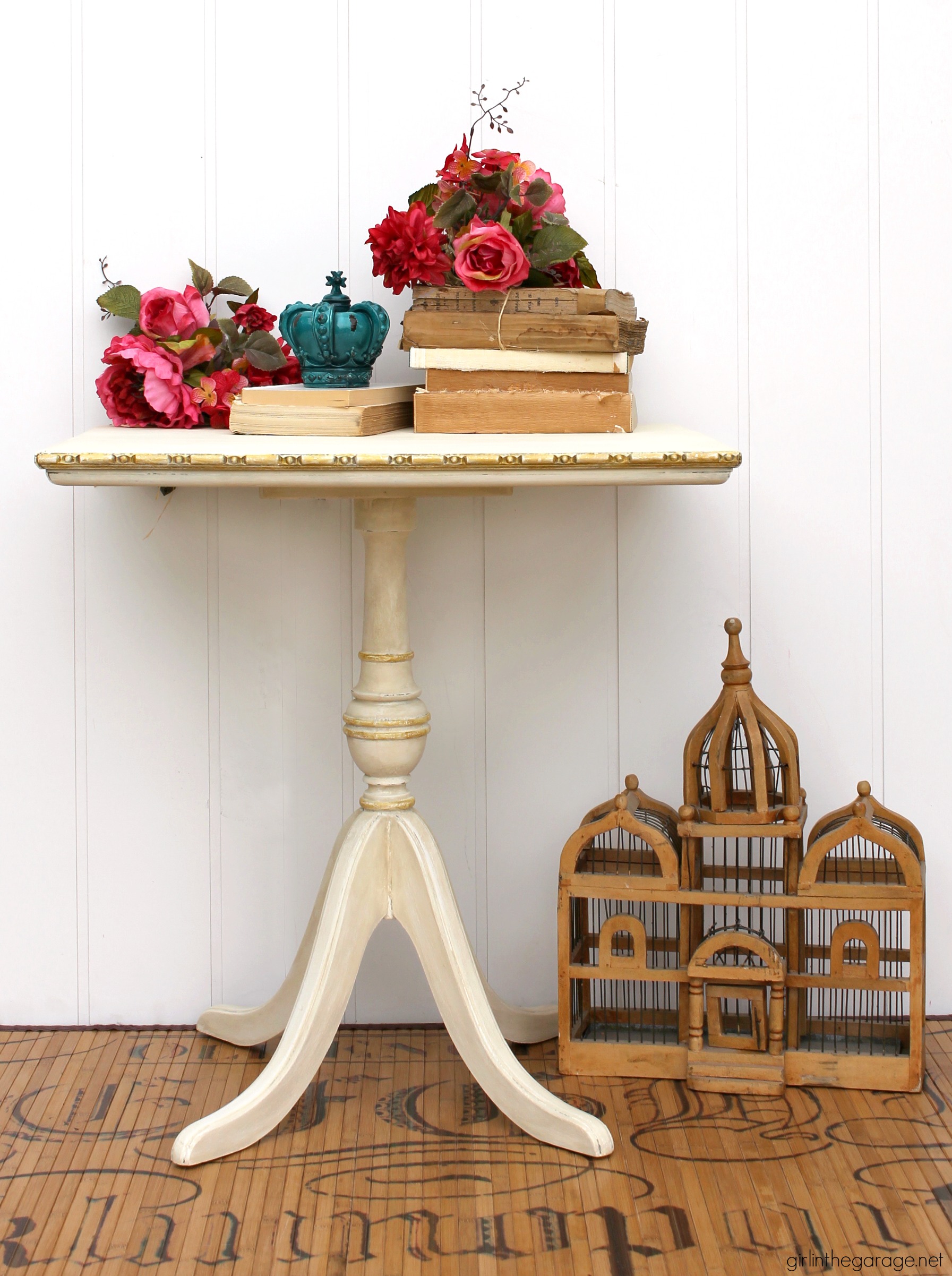Rescue a poorly-painted antique and transform it into a beautiful French Country side table. Step by step tutorial by Girl in the Garage