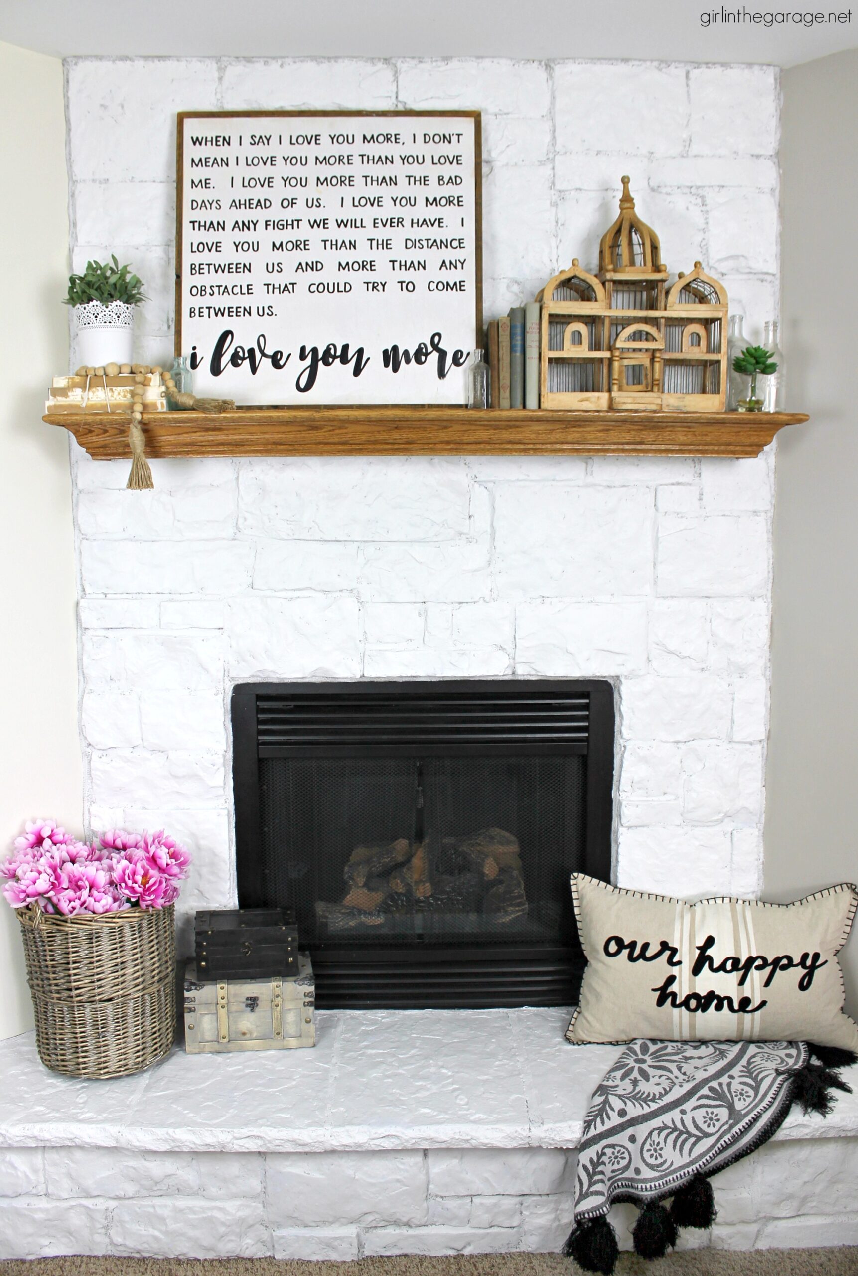 How to easily paint a stone fireplace Alabaster white with helpful Purdy products meant for rough surfaces. #ad DIY makeover ideas by Girl in the Garage