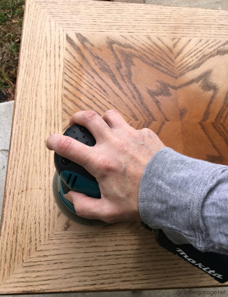 Create a charming modern farmhouse finish with Minwax products on these stained and painted side tables. DIY makeover ideas by Girl in the Garage