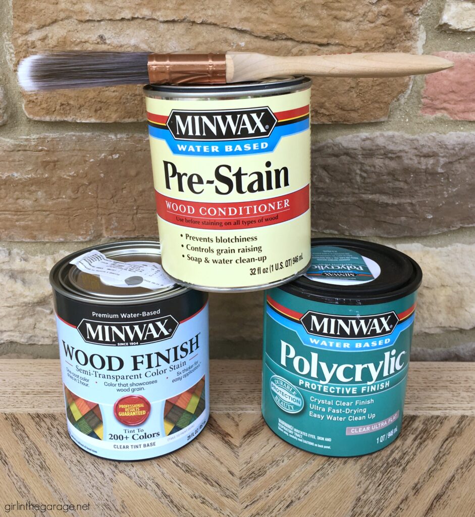 Create a charming modern farmhouse finish with Minwax products on these stained and painted side tables. DIY makeover ideas by Girl in the Garage