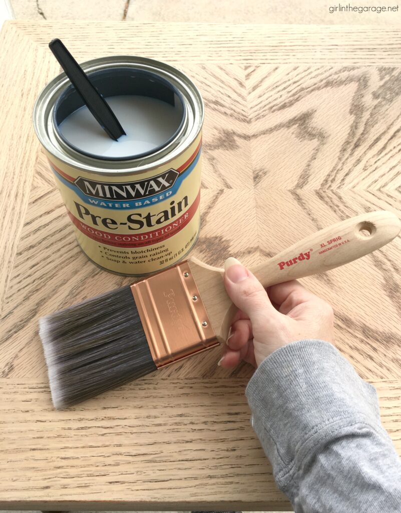 Create a charming modern farmhouse finish with Minwax products on these stained and painted side tables. DIY makeover ideas by Girl in the Garage