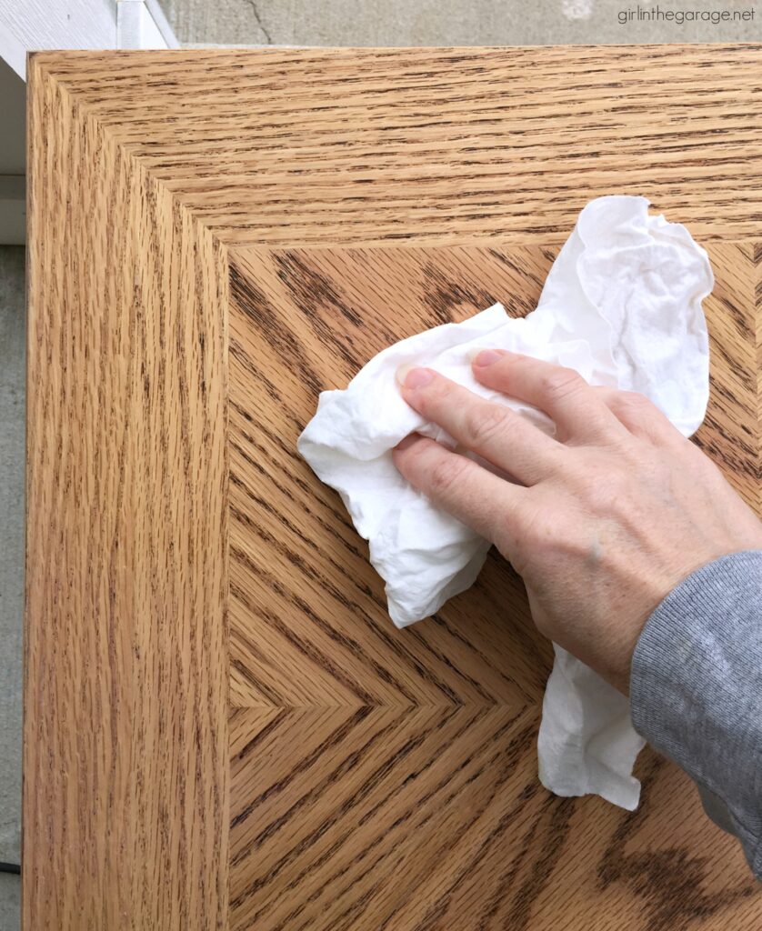 Create a charming modern farmhouse finish with Minwax products on these stained and painted side tables. DIY makeover ideas by Girl in the Garage