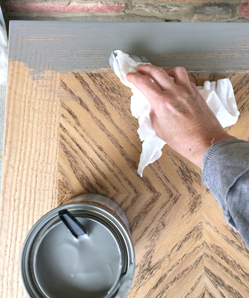 Create a charming modern farmhouse finish with Minwax products on these stained and painted side tables. DIY makeover ideas by Girl in the Garage