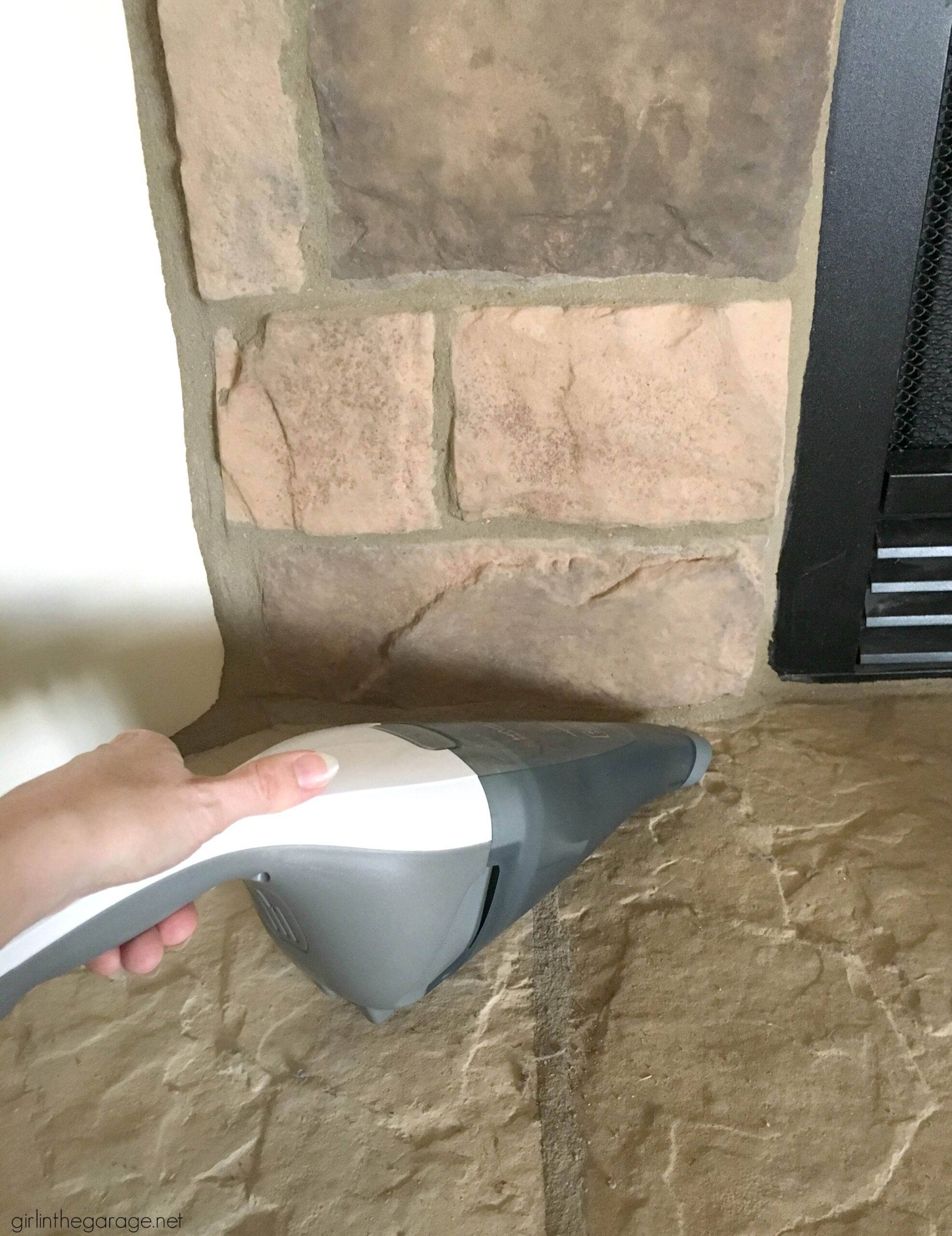 How to easily paint a stone fireplace white with helpful Purdy products meant for rough surfaces. #ad DIY makeover ideas by Girl in the Garage