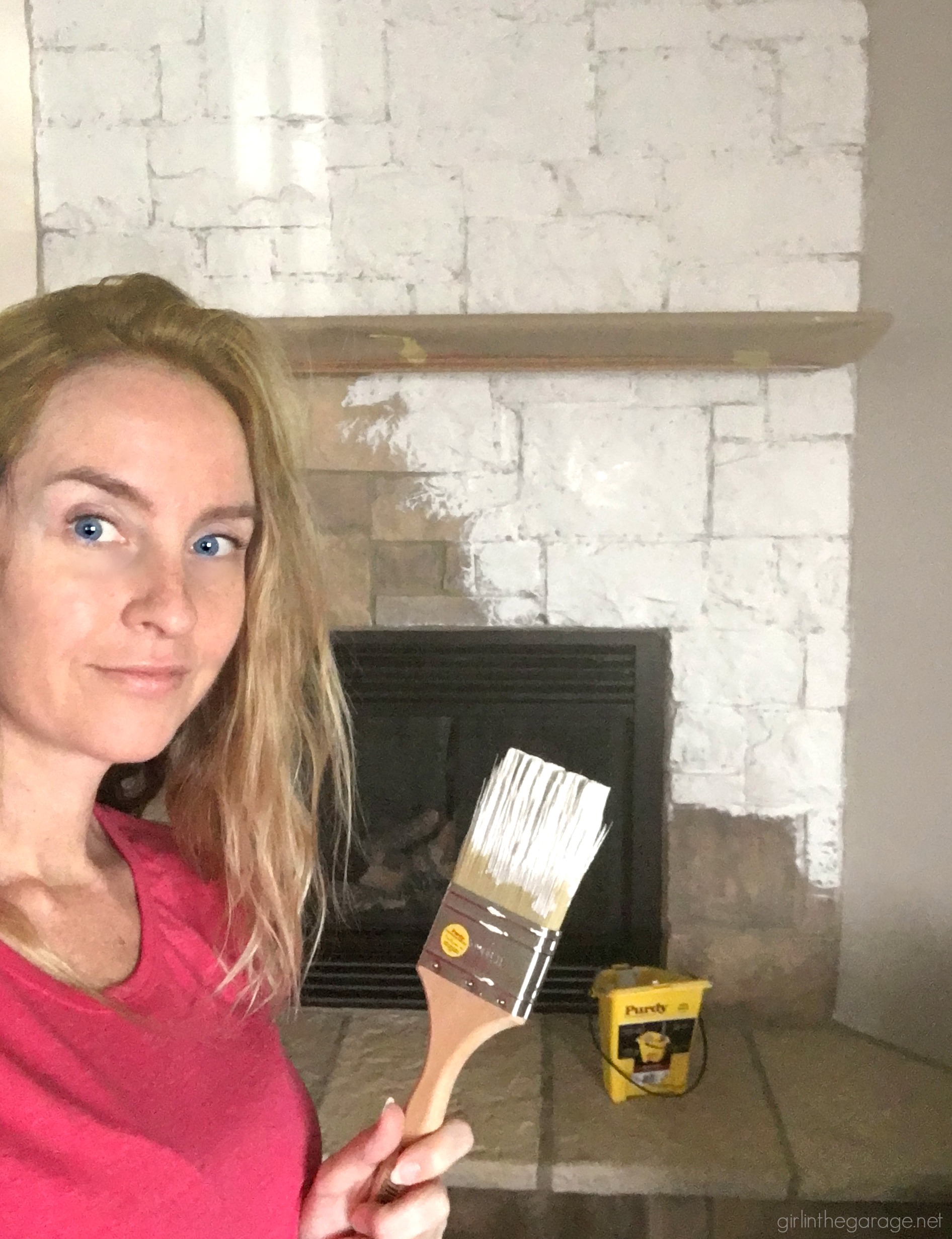 How to easily paint a stone fireplace white with helpful Purdy products meant for rough surfaces. #ad DIY makeover ideas by Girl in the Garage