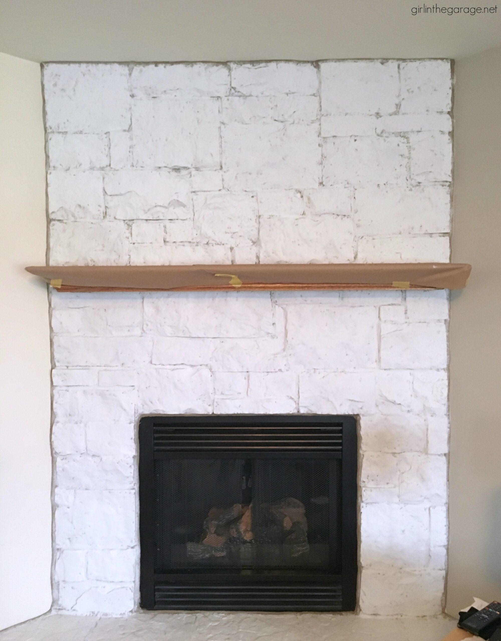 white stone fireplace