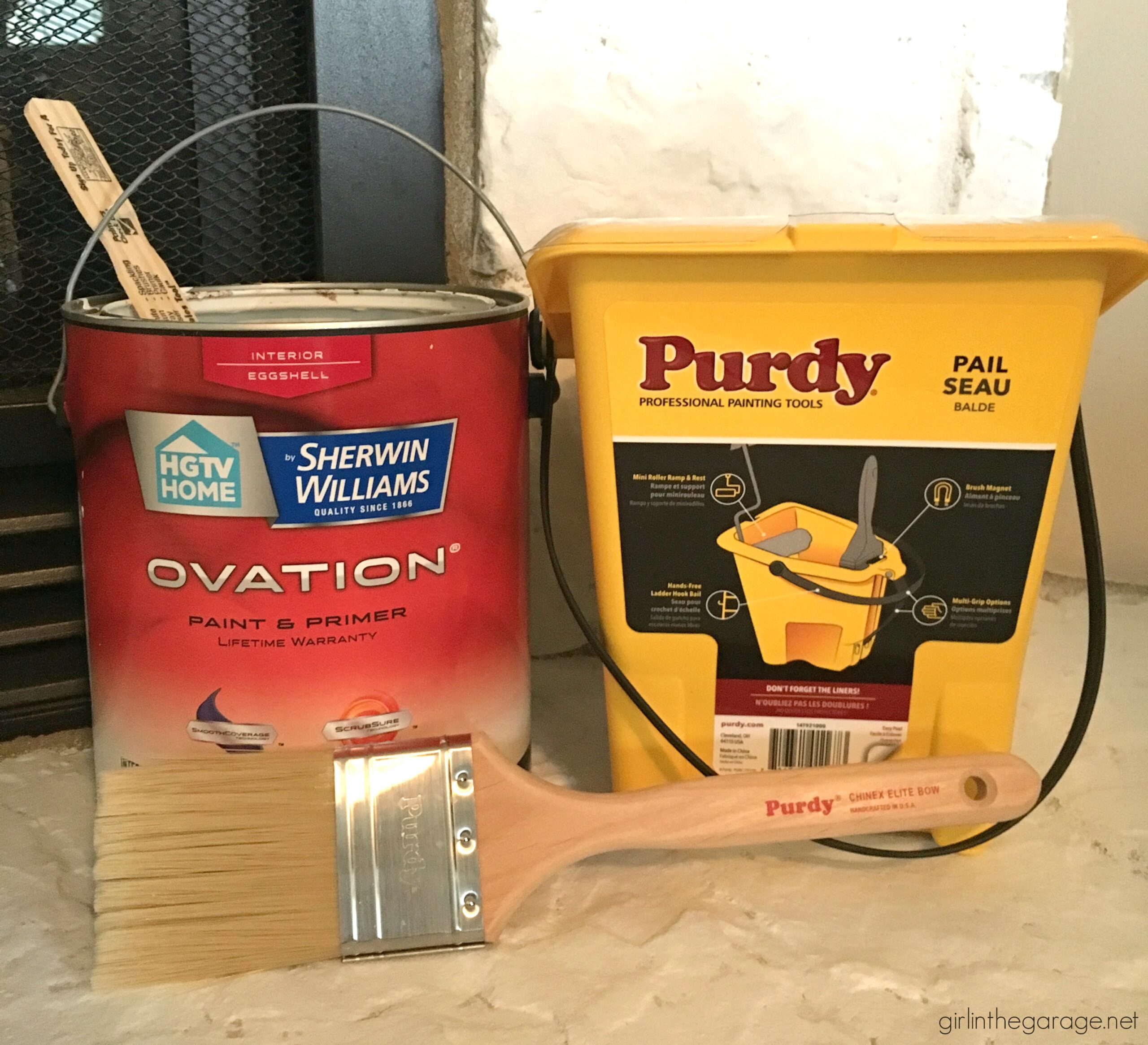 How to easily paint a stone fireplace white with helpful Purdy products meant for rough surfaces. #ad DIY makeover ideas by Girl in the Garage