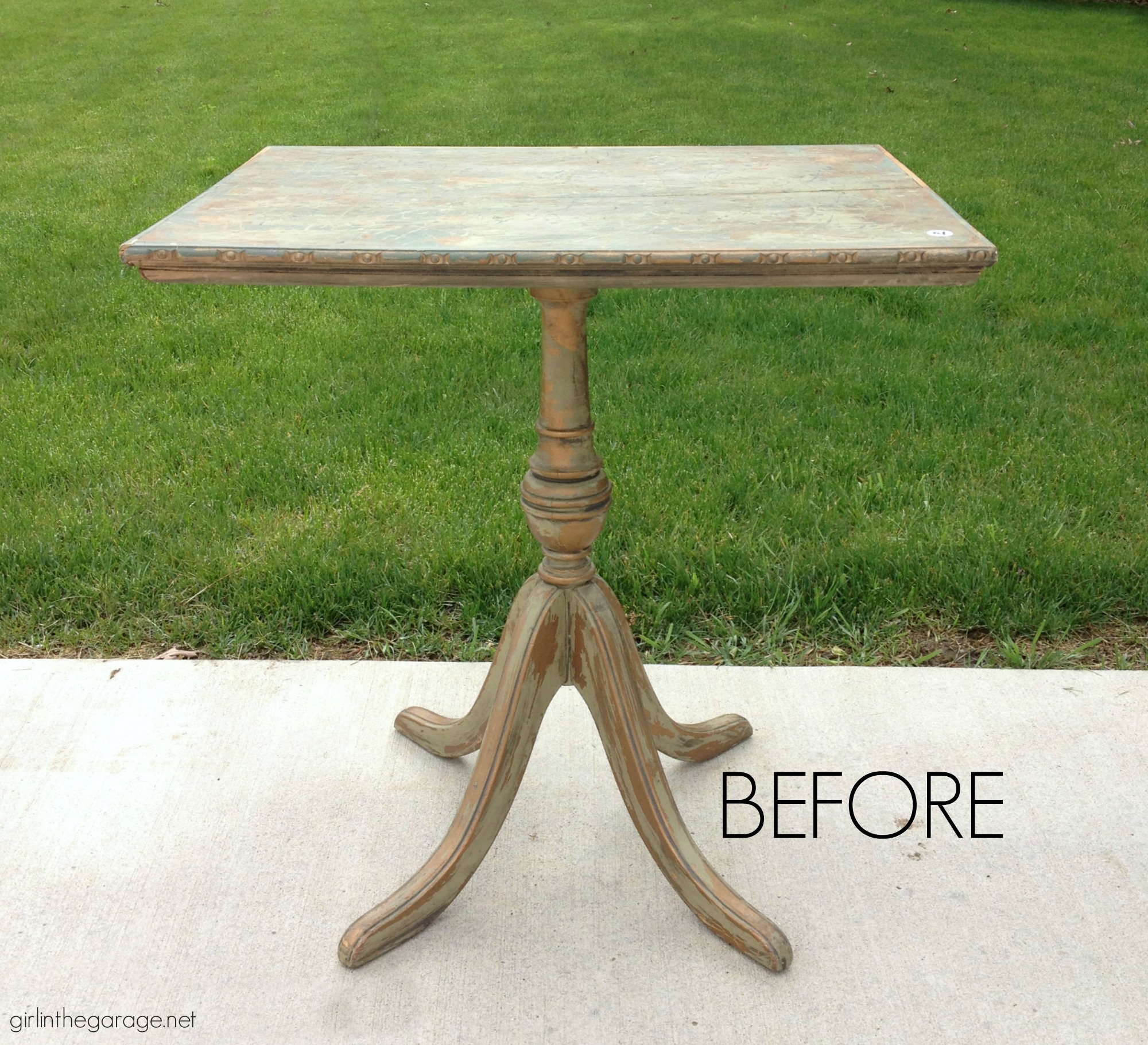 Rescue a poorly-painted antique and transform it into a beautiful French Country side table. Step by step tutorial by Girl in the Garage