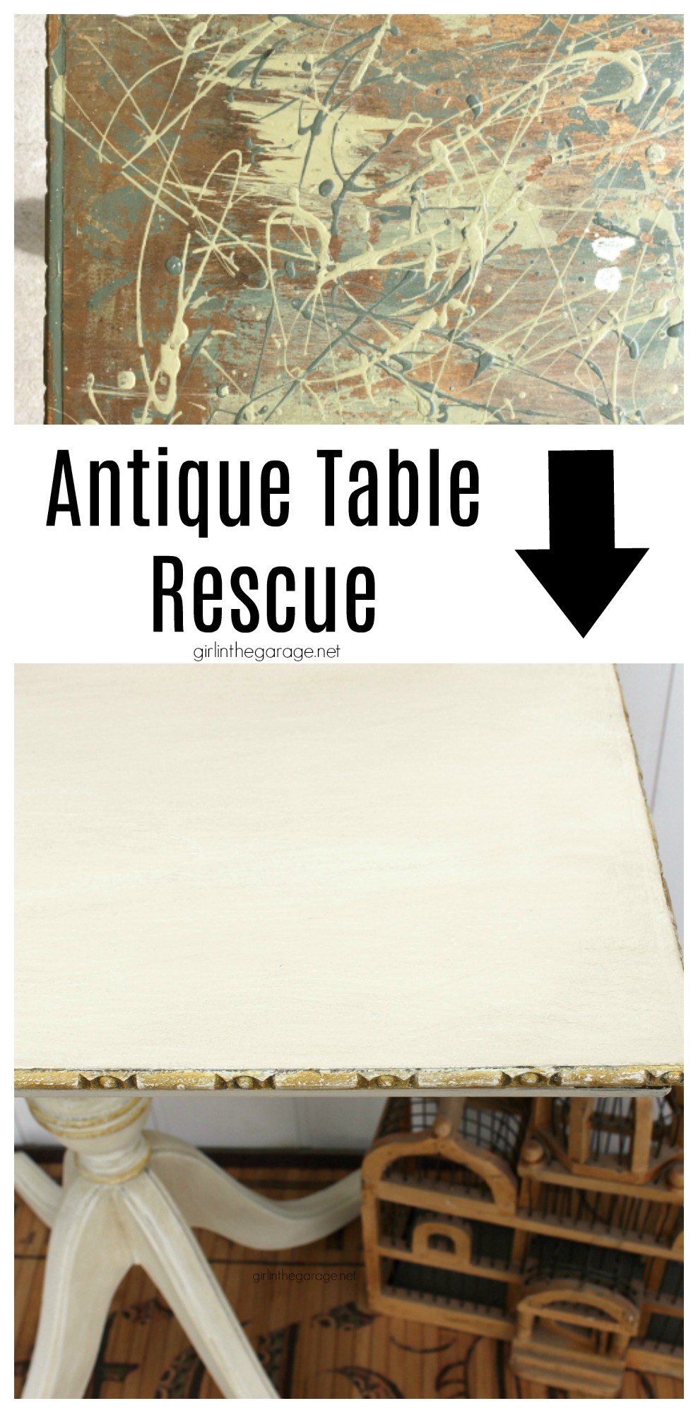 Rescue a poorly-painted antique and transform it into a beautiful French Country side table. Step by step tutorial by Girl in the Garage