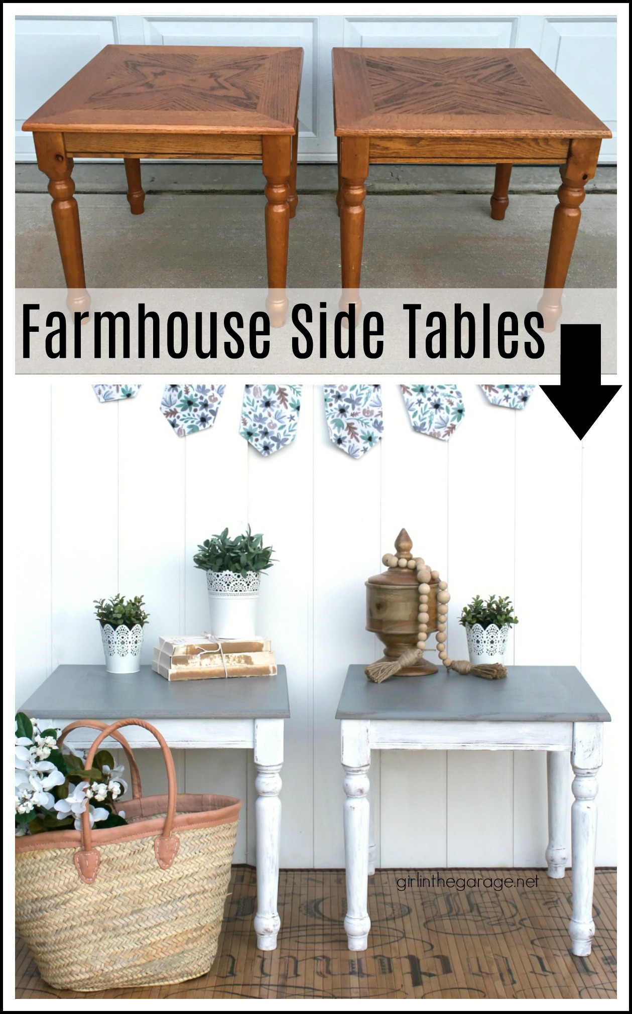 Create a charming modern farmhouse finish with Minwax Wood Finish Semi-Transparent Color Stain on these stained and painted side tables. DIY makeover ideas by Girl in the Garage