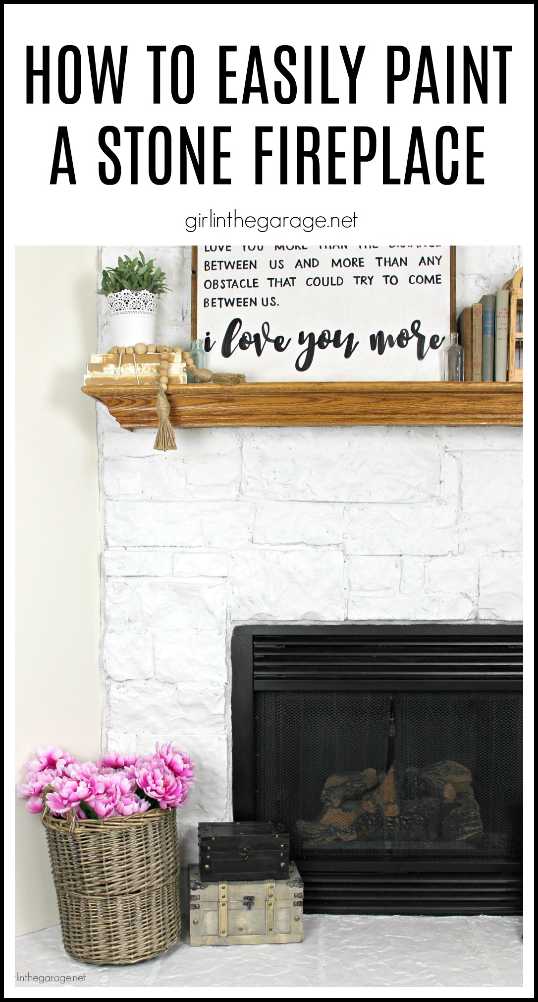 How to easily paint a stone fireplace white with helpful Purdy products meant for rough surfaces. #ad DIY makeover ideas by Girl in the Garage