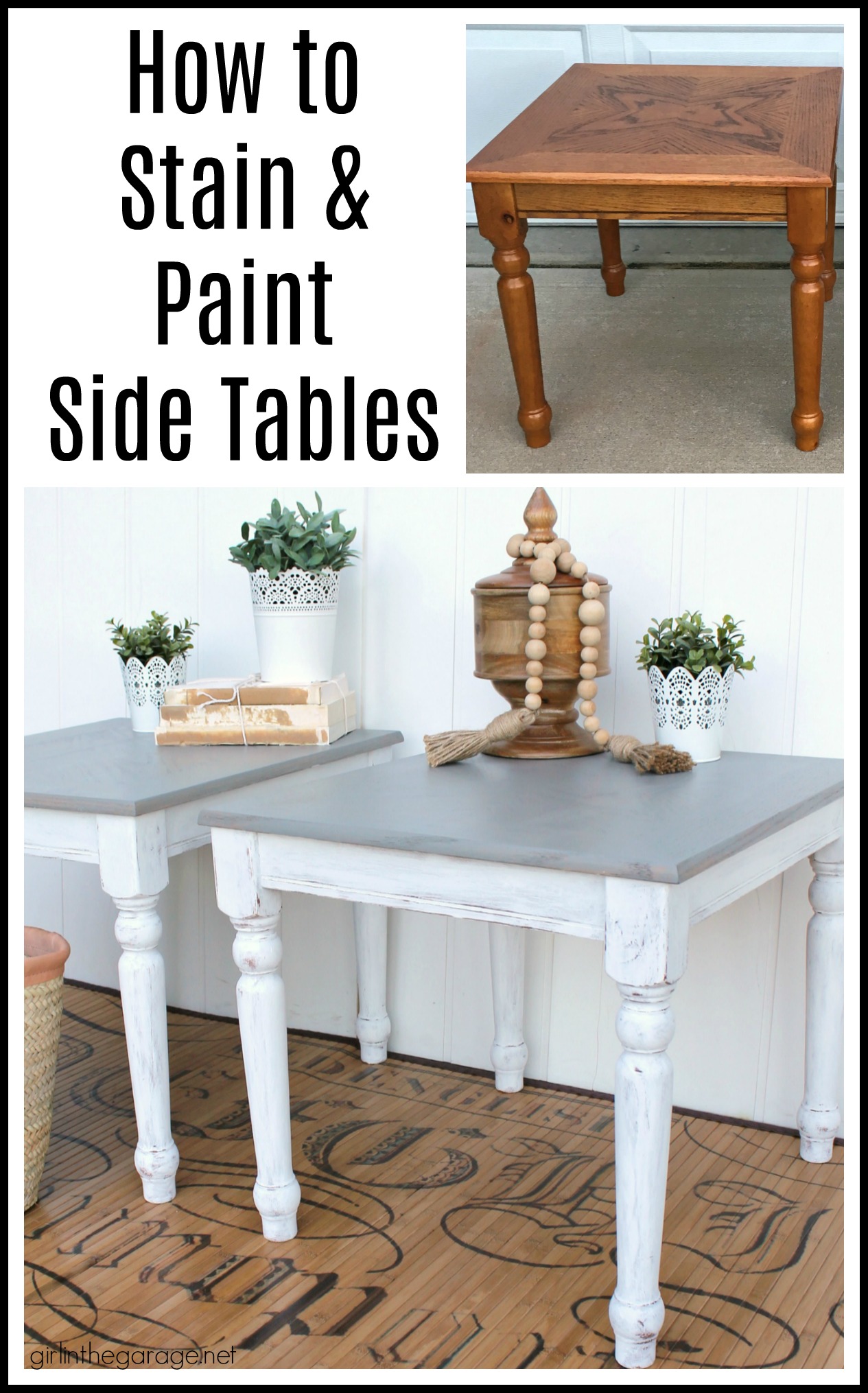 Create a charming modern farmhouse finish with Minwax Wood Finish Semi-Transparent Color Stain on these stained and painted side tables. DIY makeover ideas by Girl in the Garage