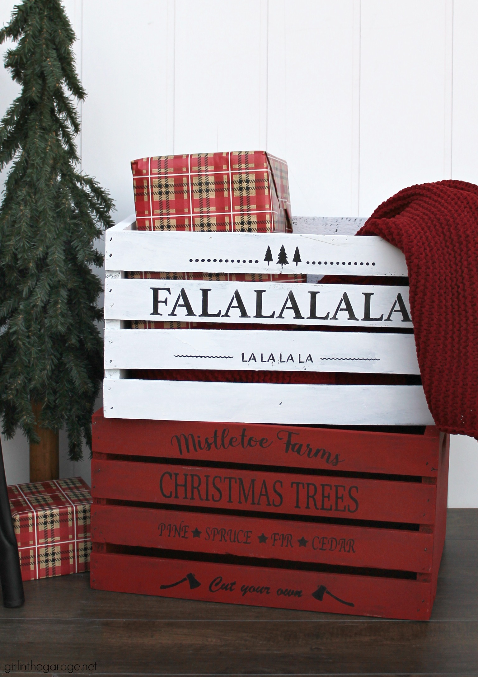 How to paint holiday crates - Learn how to stencil wooden crates for both fall and Christmas decor. Step by step tutorial by Girl in the Garage.