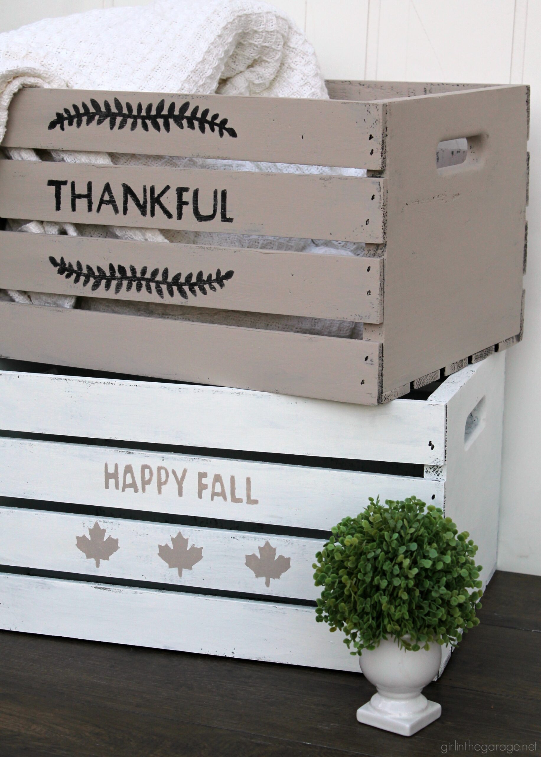 How to paint holiday crates - Learn how to stencil wooden crates for both fall and Christmas decor. Step by step tutorial by Girl in the Garage.