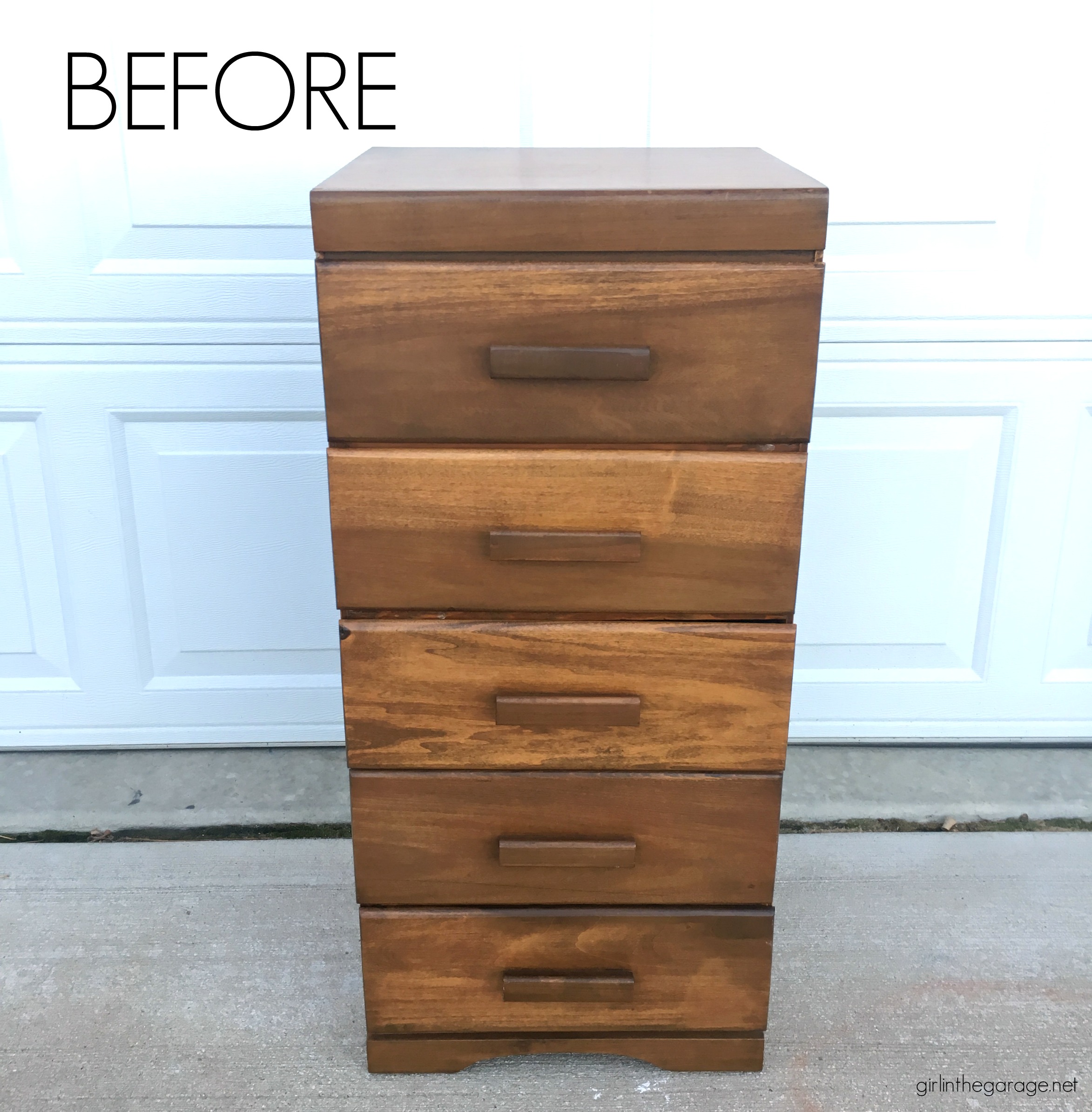 Learn how to refinish a dresser with Minwax products including Vintage Blue, the 2021 Color of the Year. Add faux-aged copper pulls and map paper lined drawers for the finishing touch. #ad DIY makeover ideas by Girl in the Garage