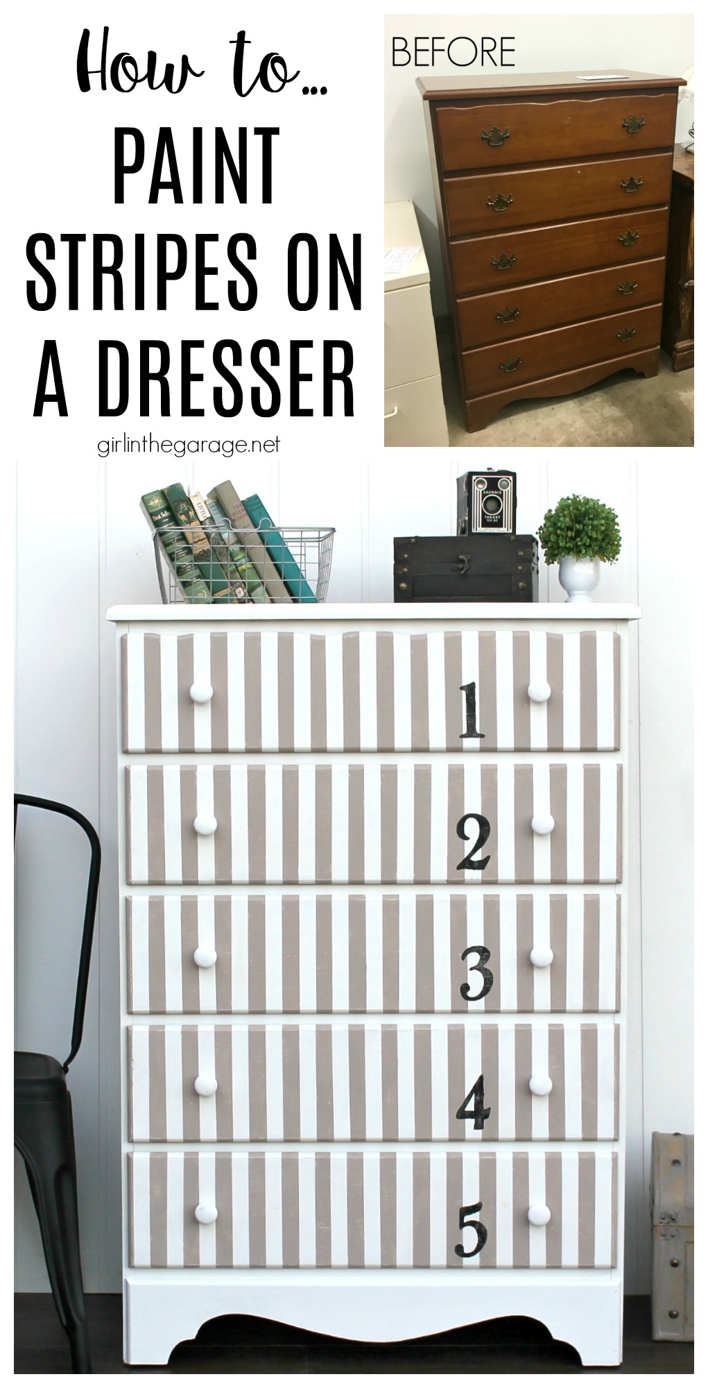 Give old furniture lots of charm with painted stripes and numbers. Learn how to easily paint stripes on a dresser with tape and a high quality Purdy paint brush. #ad DIY painted furniture ideas by Girl in the Garage