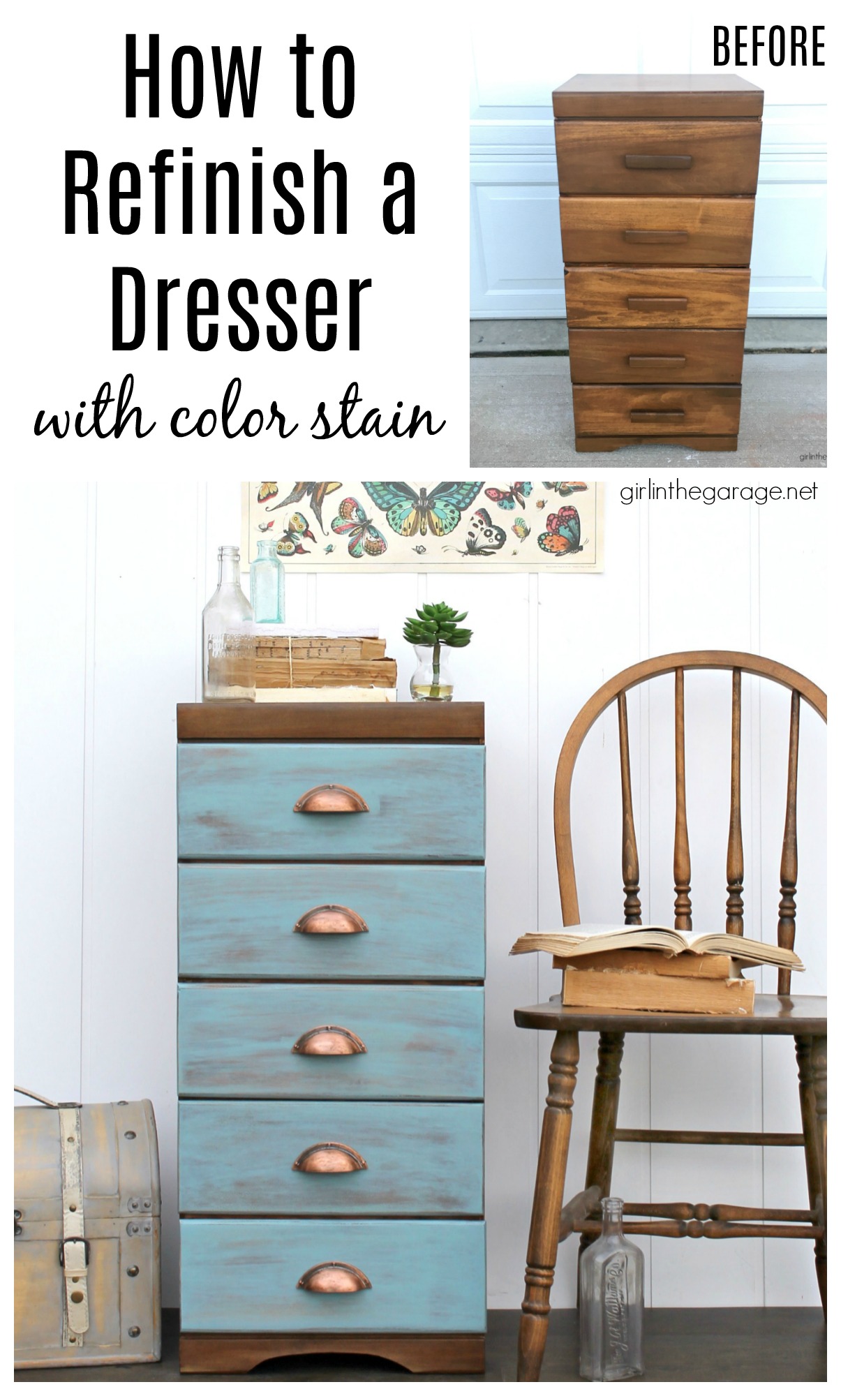 Learn how to refinish a dresser with Minwax products including Vintage Blue, the 2021 Color of the Year. Add faux-aged copper pulls and map paper lined drawers for the finishing touch. #ad DIY makeover ideas by Girl in the Garage