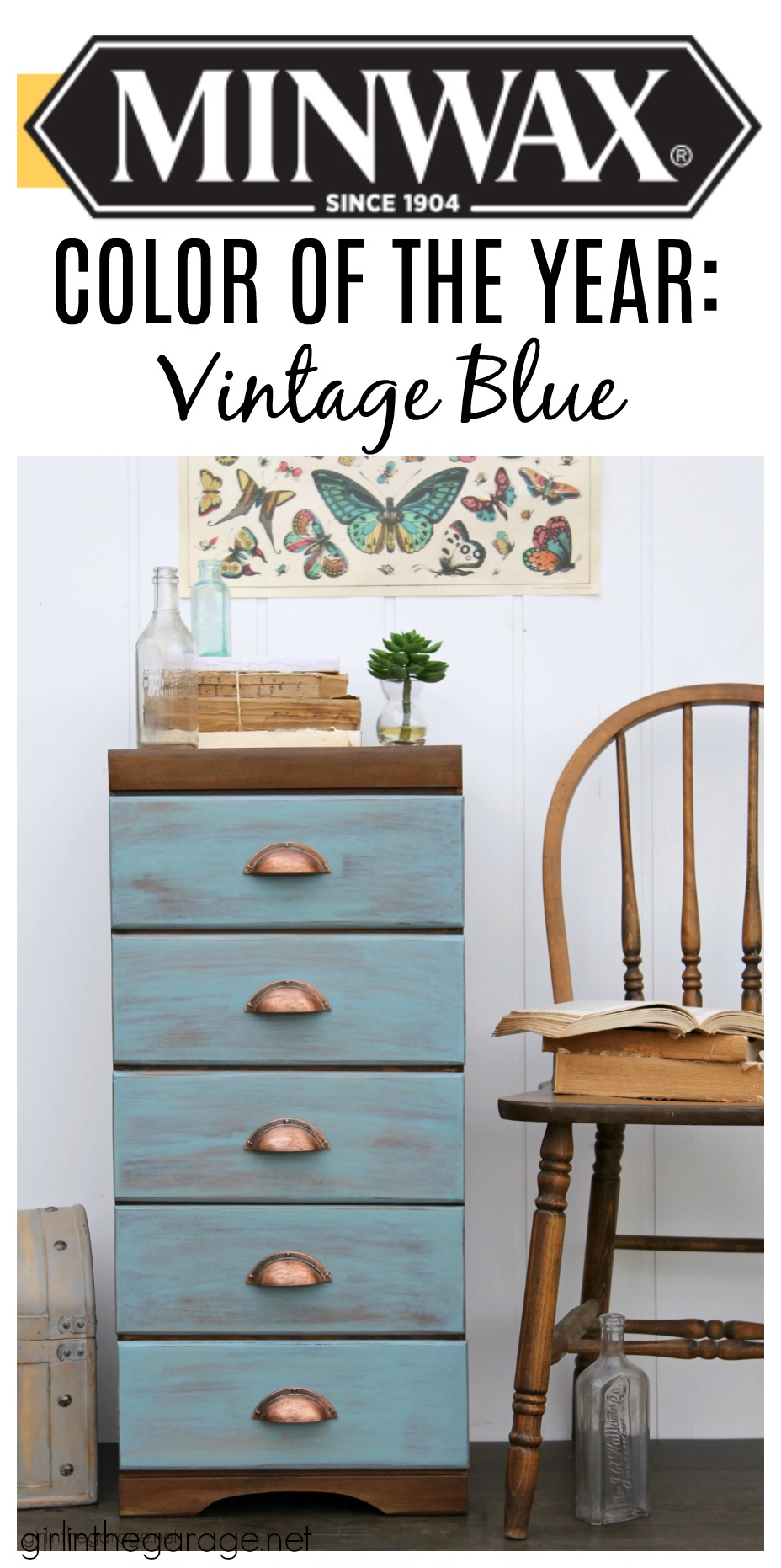 Learn how to refinish a dresser with Minwax products including Vintage Blue, the 2021 Color of the Year. Add faux-aged copper pulls and map paper lined drawers for the finishing touch. #ad DIY makeover ideas by Girl in the Garage