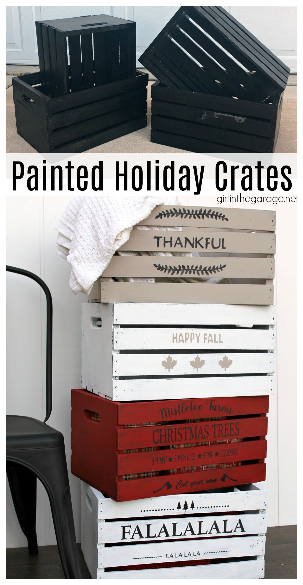 How to paint holiday crates - Learn how to stencil wooden crates for both fall and Christmas decor. Step by step tutorial by Girl in the Garage.